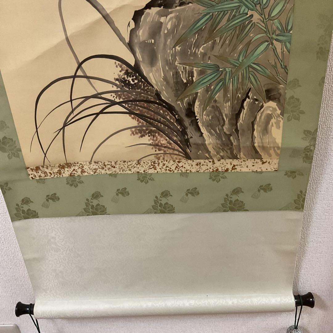 中国画 絹本 【 五 清 図 】 雲 茜 筆 軸先黒檀細工軸先