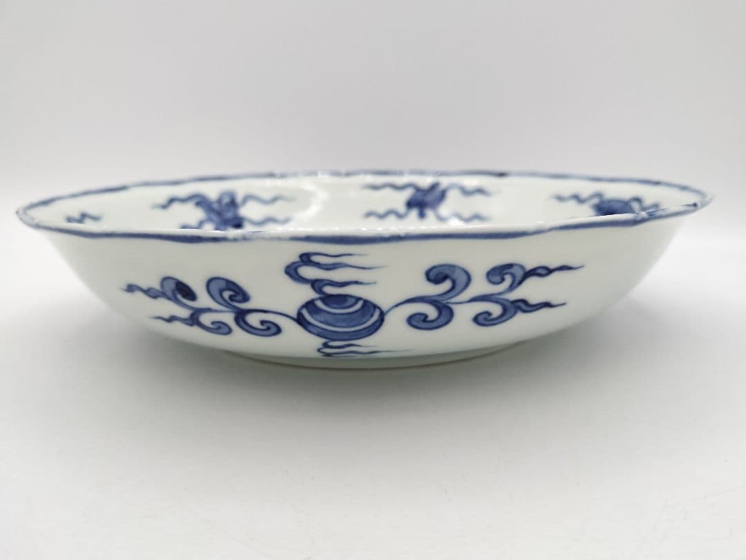 b68【未使用】染付 七宝絵皿 菓子器 景徳鎮 三代森岡嘉祥 茶道具 古物