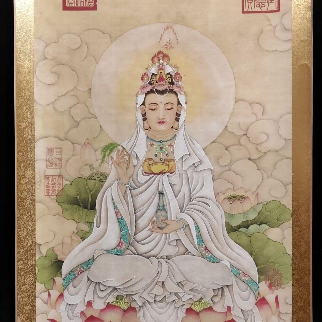 掛け軸 四尺中堂 仇英 観音菩薩 観音像 中国仏画 仏教美術 絹本 証書付