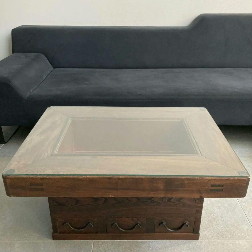 囲炉裏テーブル 時代家具 アンティーク古家具　侘び寂び ガラス 引き出し付