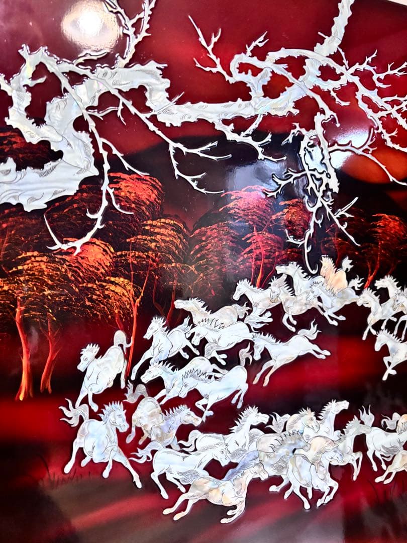 超美品　螺鈿　パテーション 衝立 「馬倒成功」 衝立 漆塗り 馬柄 枕屏風