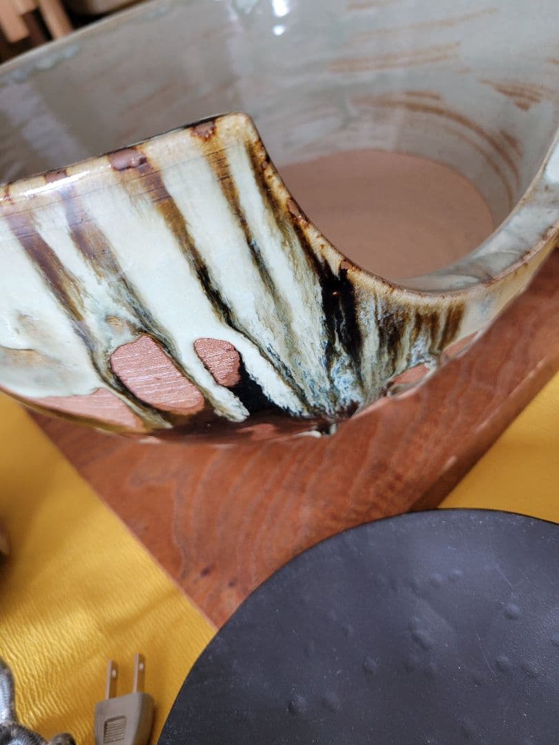 美品 陶器風炉★電熱器、楡材敷板、特注品金属底板のセット