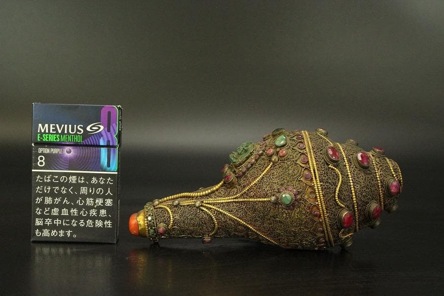 仏教美術 チベット 西蔵 蜜教 鍍金 宝石張 巻貝 法具全長18cm(A274)