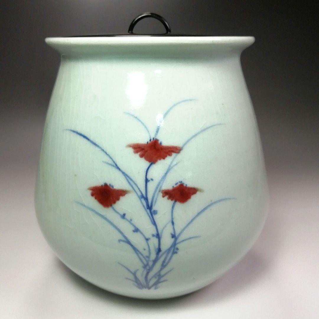 Ｓ３７３　水指　『廣州窯』『花草紋』『塗蓋』　共箱　茶道具