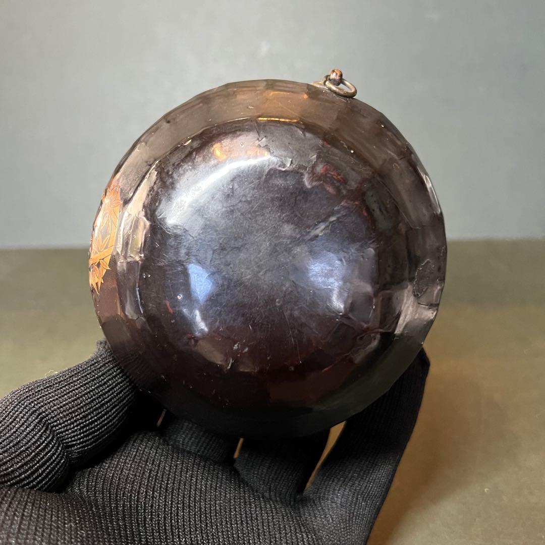 江戸期 木製 金蒔絵 笹丸紋 道中盃◎提げ環付 刳貫き 時代漆器◎古美術庵々