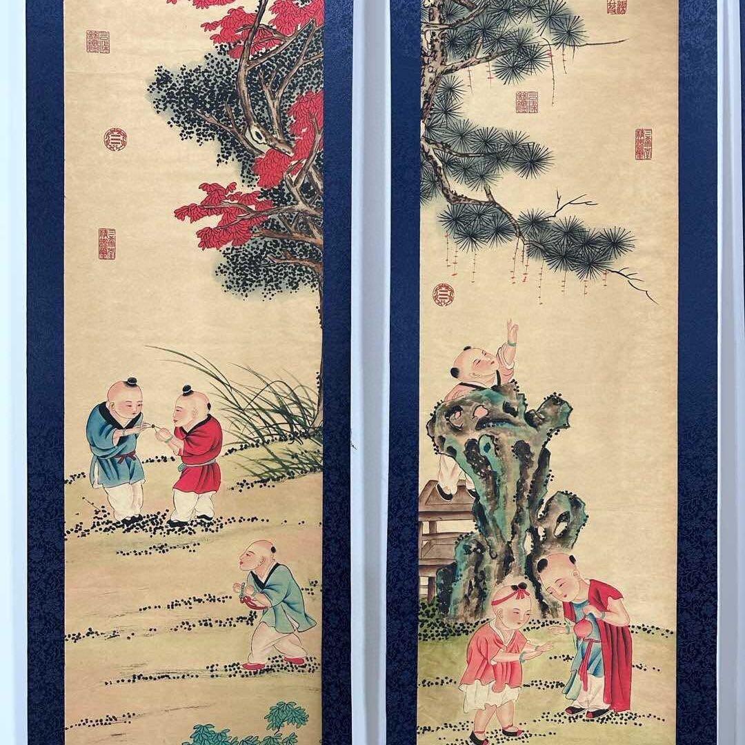 唐寅 童子図 四条屏 掛け軸 中国美術 絵画 書画 人物画 童戯図 インテリア