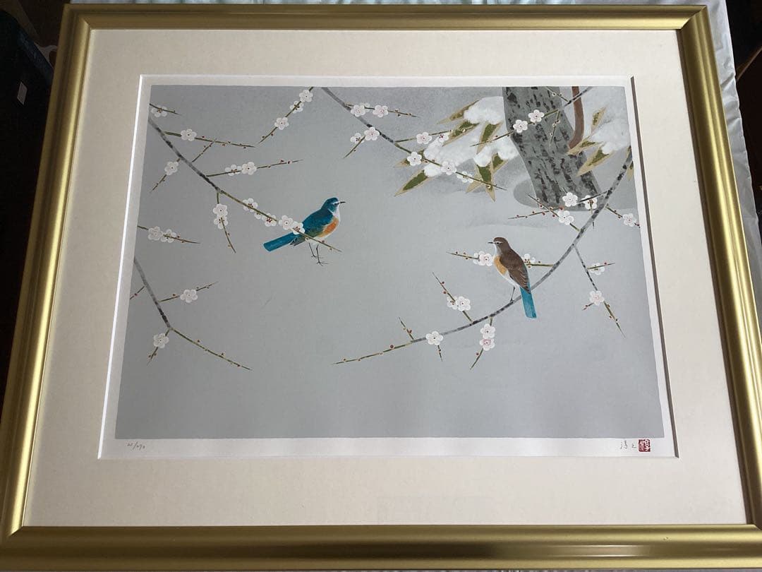 上村淳之　版画　「雪中小禽」直筆サイン・エディション　美品　日本画 金色フレーム