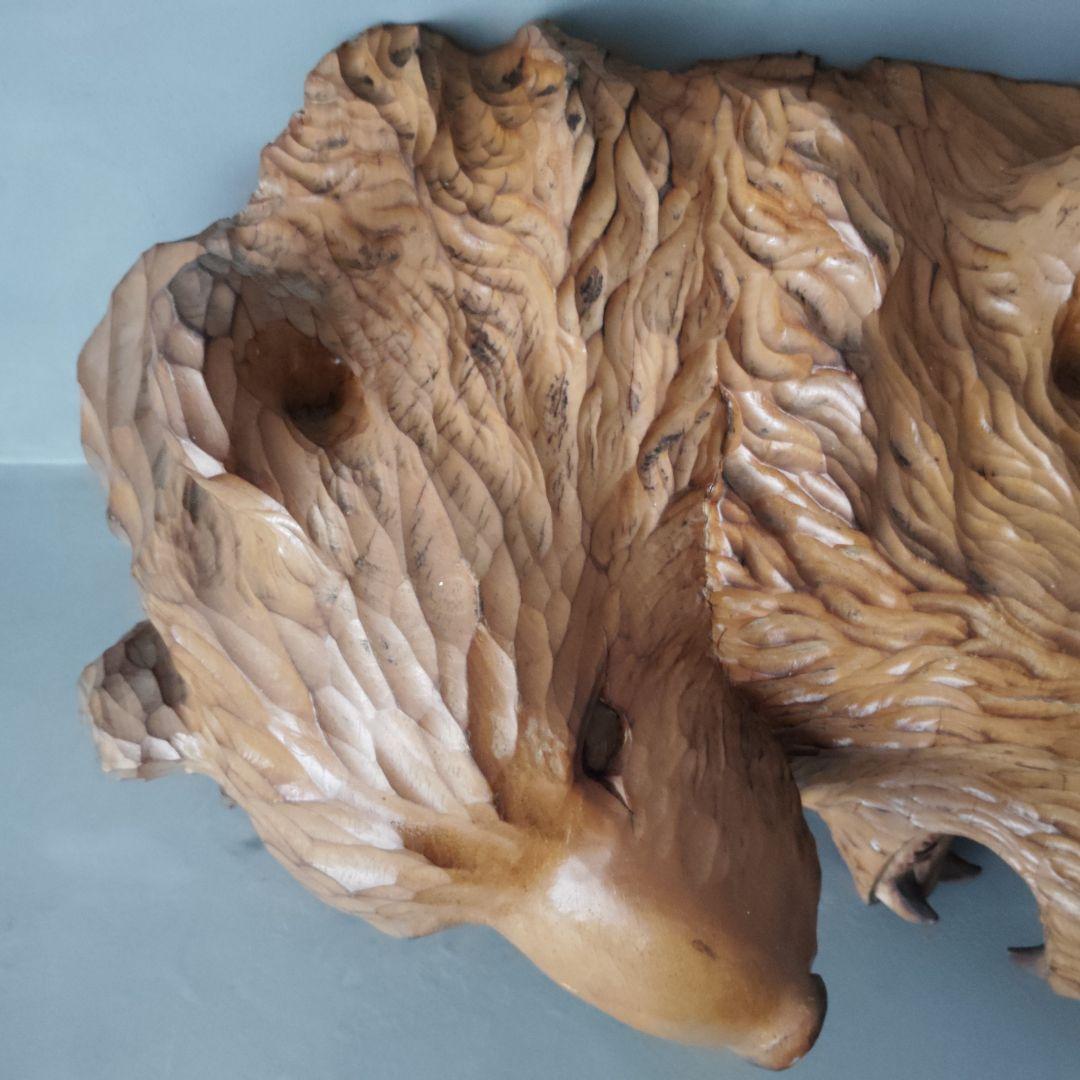 双頭木彫り熊　壁掛け　天然木一刀彫　静と動　貴重　縁起物