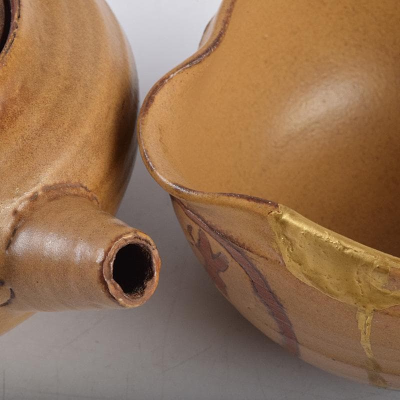 佐渡無名異焼　常山焼　三浦常山造　茶葉釉椿画　茶器揃　共箱　M　R9003