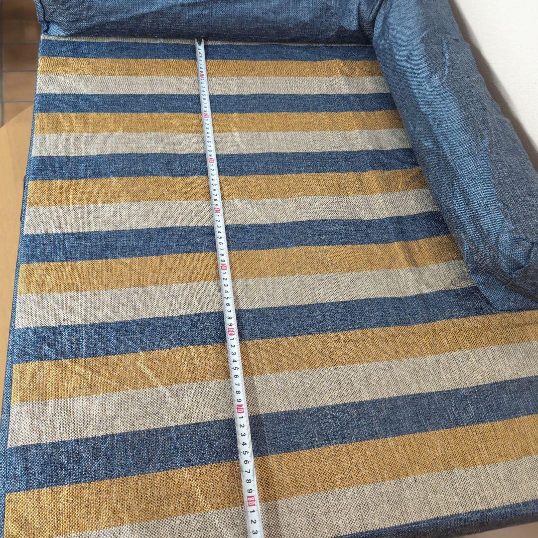 L字型犬猫用ベッドクッション 青黄ストライプ