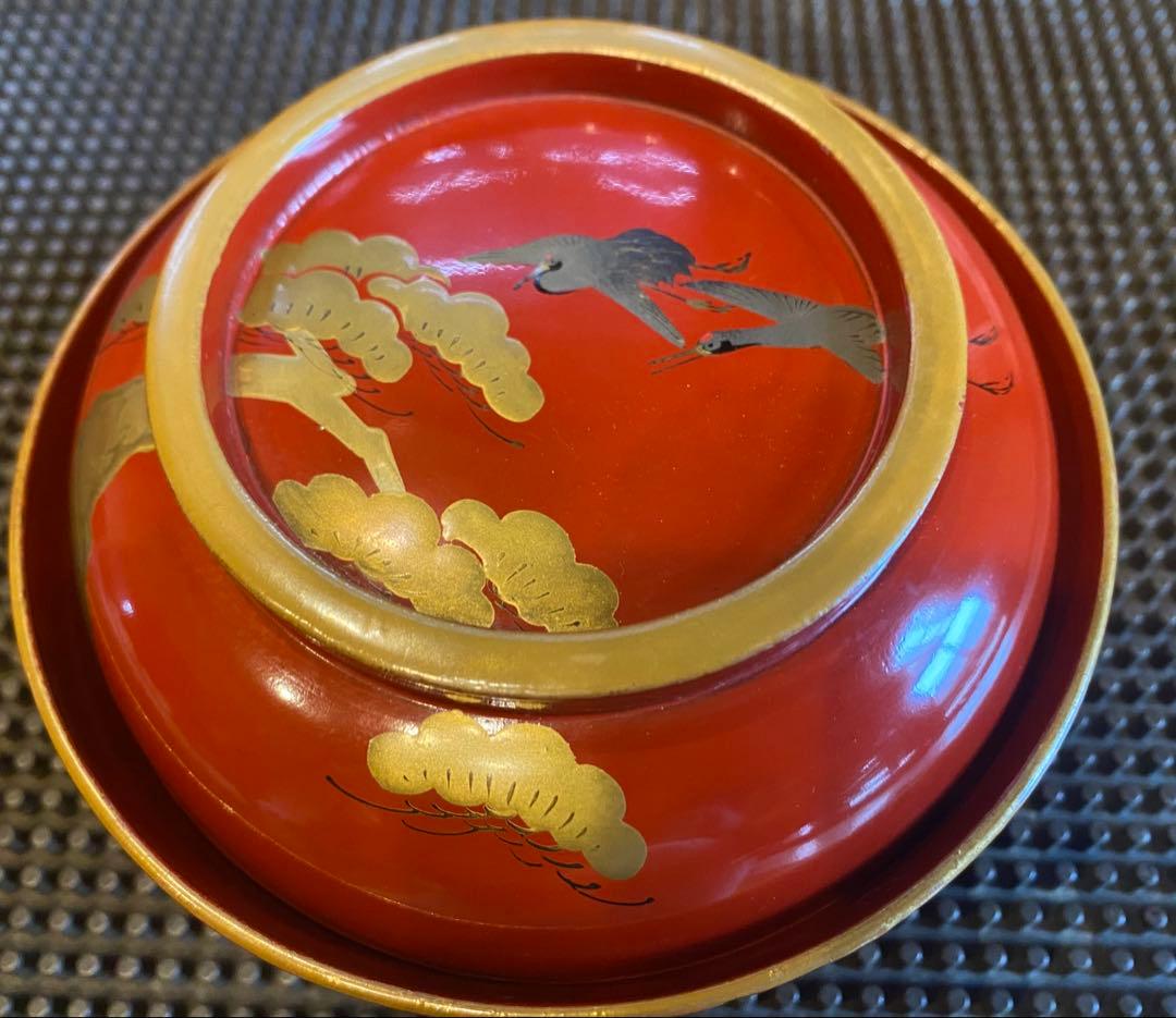 明治期　山中漆器　蒔絵鶴松　箱付5客 古和紙・和歌季語集付き ヴィンテージレア