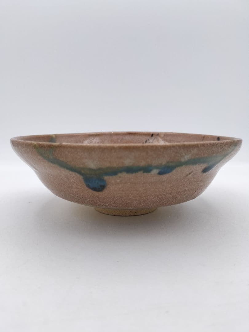 c023 平茶碗 赤織部 忍冬庵 不二窯 佐藤和子 木箱 茶道具　古物