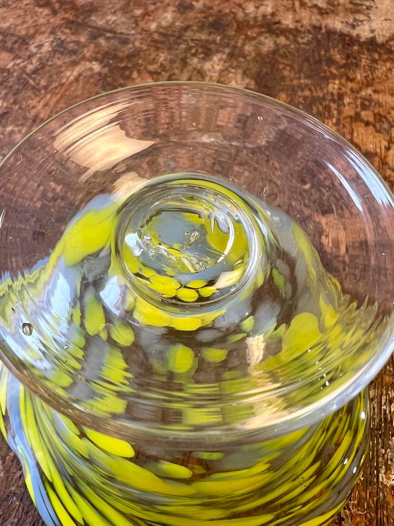 大正ロマン　吹雪紋氷コップ黄色　ウランガラス　和ガラス　アンティーク　古道具