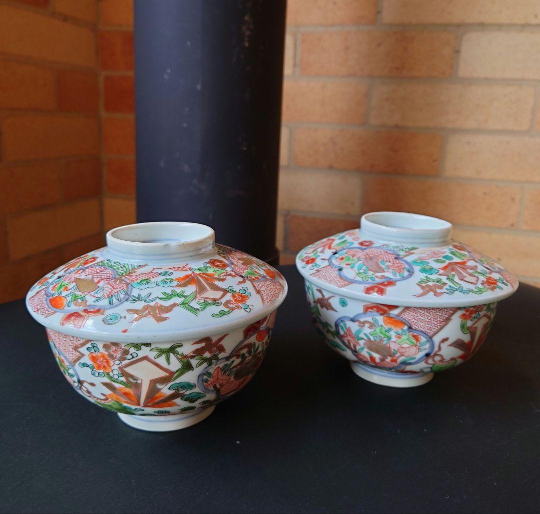 古伊万里　古九谷　江戸時代　鷺絵　煮物碗　蓋付き碗　飯碗　染錦　錦彩　手描　色絵