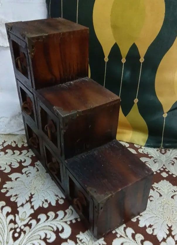 レア物✩昭和レトロ木製小型引き6段階段型 アンティーク小物入れ ヴィンテージ