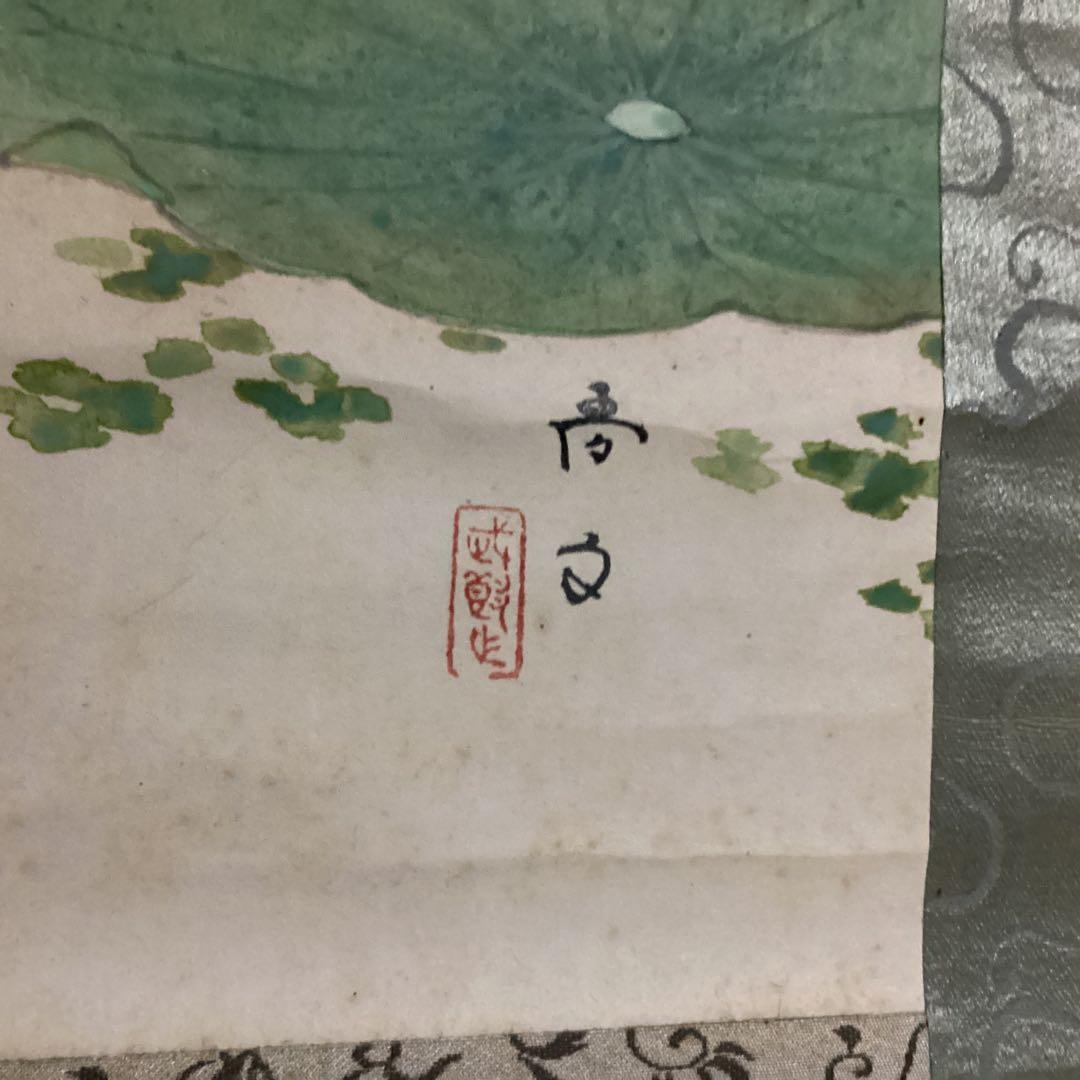 O-13. 蓮下の鷺　　白鷺と蓮の花 掛軸　尚文作