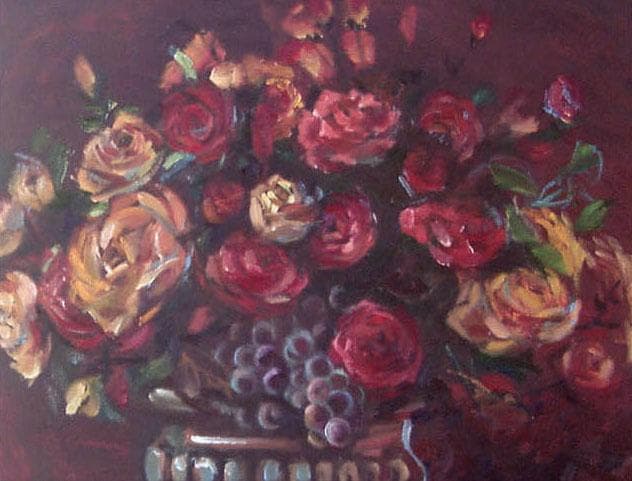 油絵 菅家令子 絵画インテリア額付(青緑＋金色の枠) uF6-113802 ばら