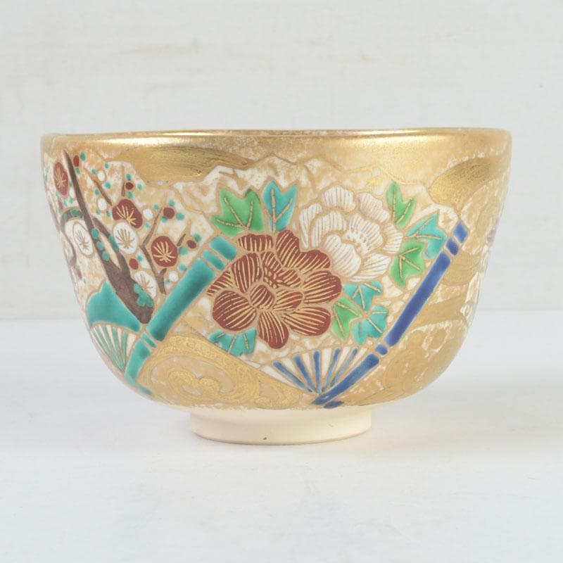 茶道具　京焼　上山善峰作　金砂子　扇面流茶碗　共箱　V　9825