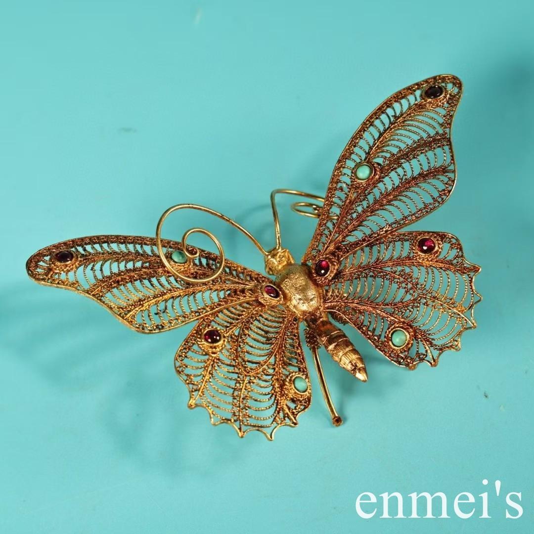 中国古美術・旧蔵掐絲工芸鎏金宝石を嵌め込んだ蝶・純銅制・茶道具・装飾品・案頭