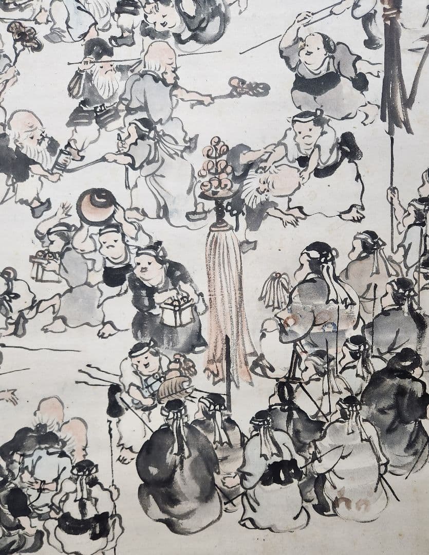 【寿老百福戯図】皐月鶴年 723 寉年 鶴翁 祝時 掛け軸　お多福　肉筆