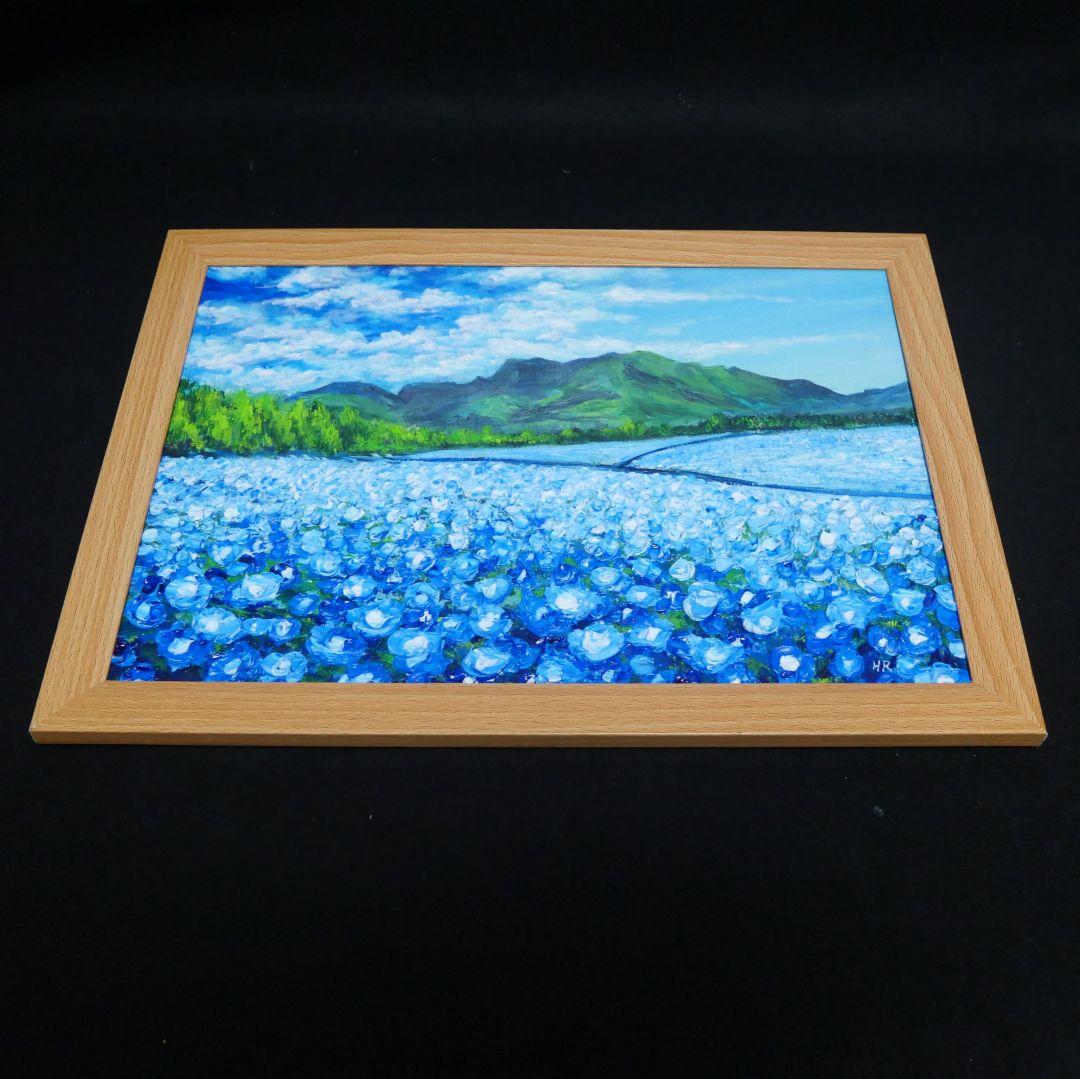 油絵 油彩 油彩画 絵 絵画【くじゅう花公園のネモフィラ畑】