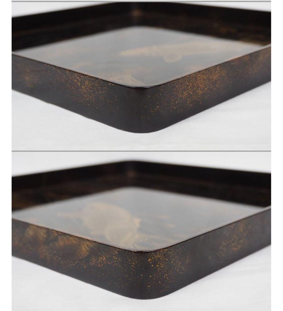 送料無料　江戸後期　蒔絵の名工７代山本春正（正徳）作　蝋色鯉画四角盆共箱本物保証