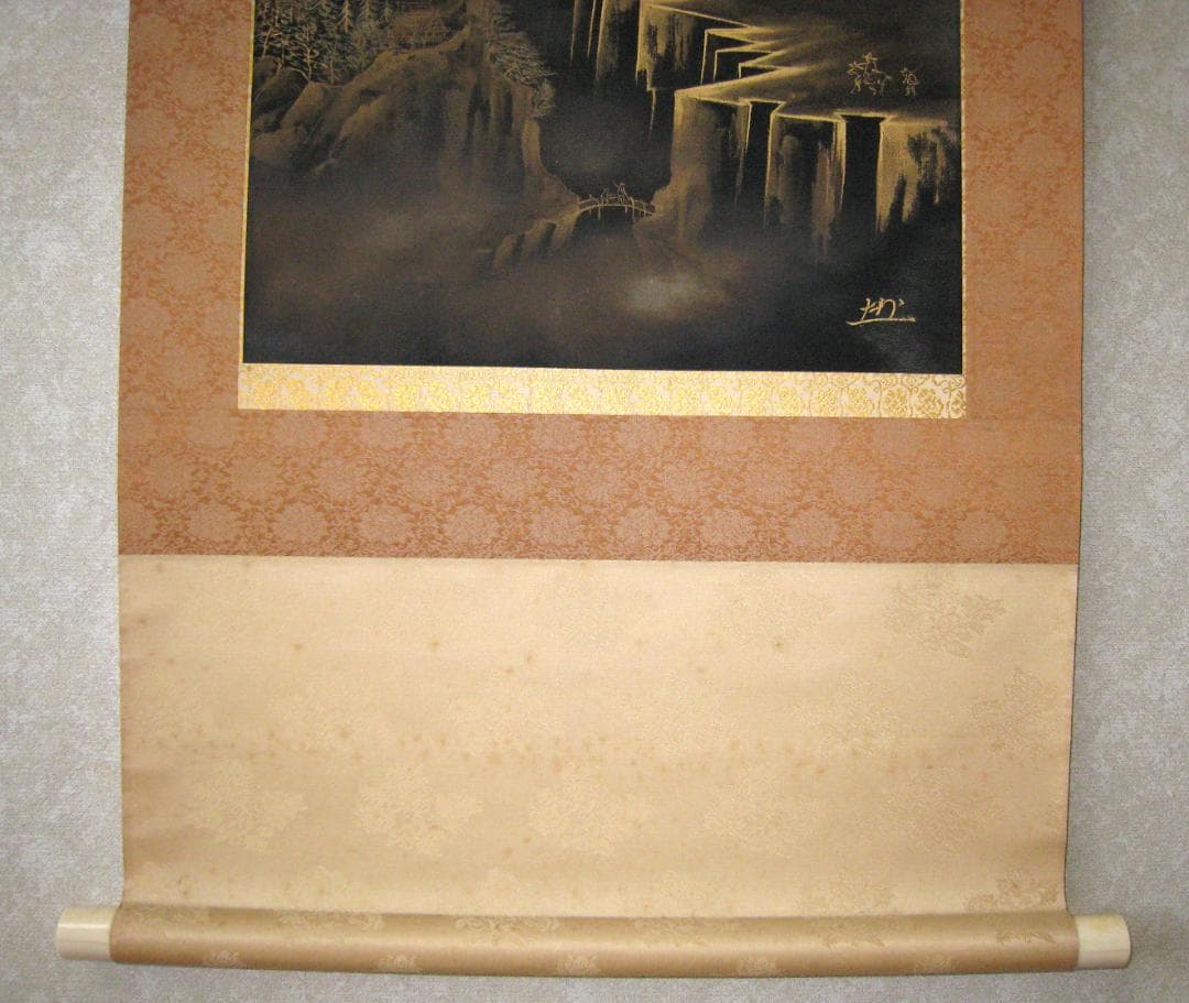 【真筆】掛け軸 掛軸　百福蓬莱山◆長島博山 (黒絹本金泥)　共箱・二重箱