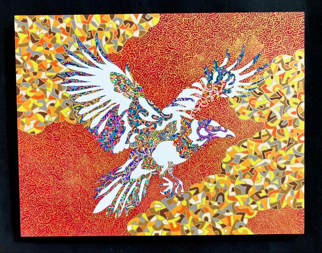 値下げ　原画　カラス　鳥　動物画　絵画　アクリル画　現代アート　細密画　一点物