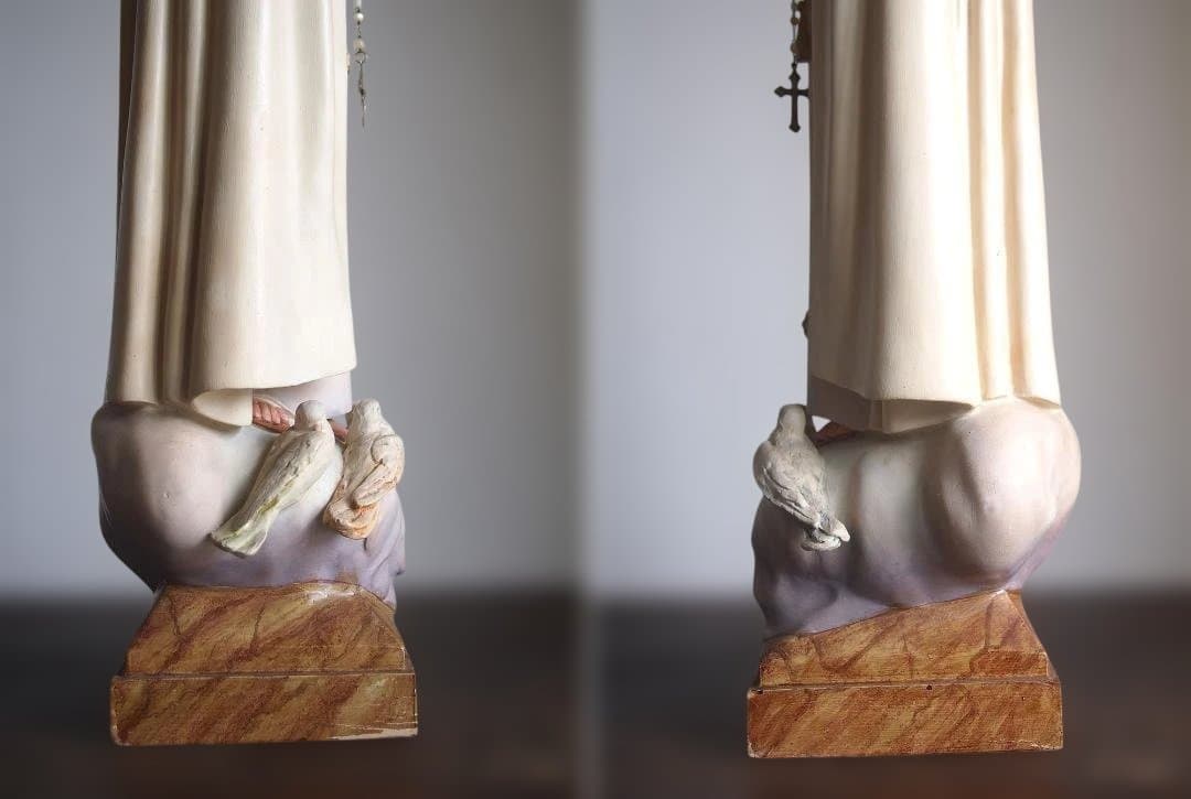 白いローブのファティマの聖母マリア像 グラスアイ69cm 宗教彫刻/K149