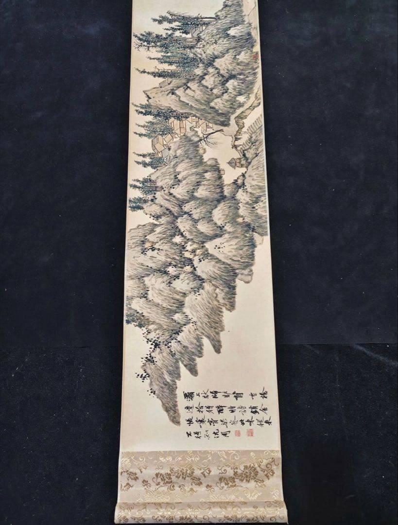 旧蔵 手巻き画　沈周《平橋遠水図》　掛軸　中国山水画　写意画