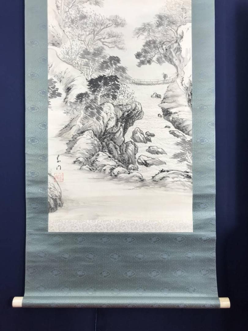 【真作】素門/雪渓帰樵図/山水人物図/掛軸/名家伝来/AB-782