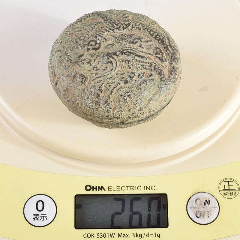 中国　明時代　青銅　龍模様　香合　時代箱付　V　R9348