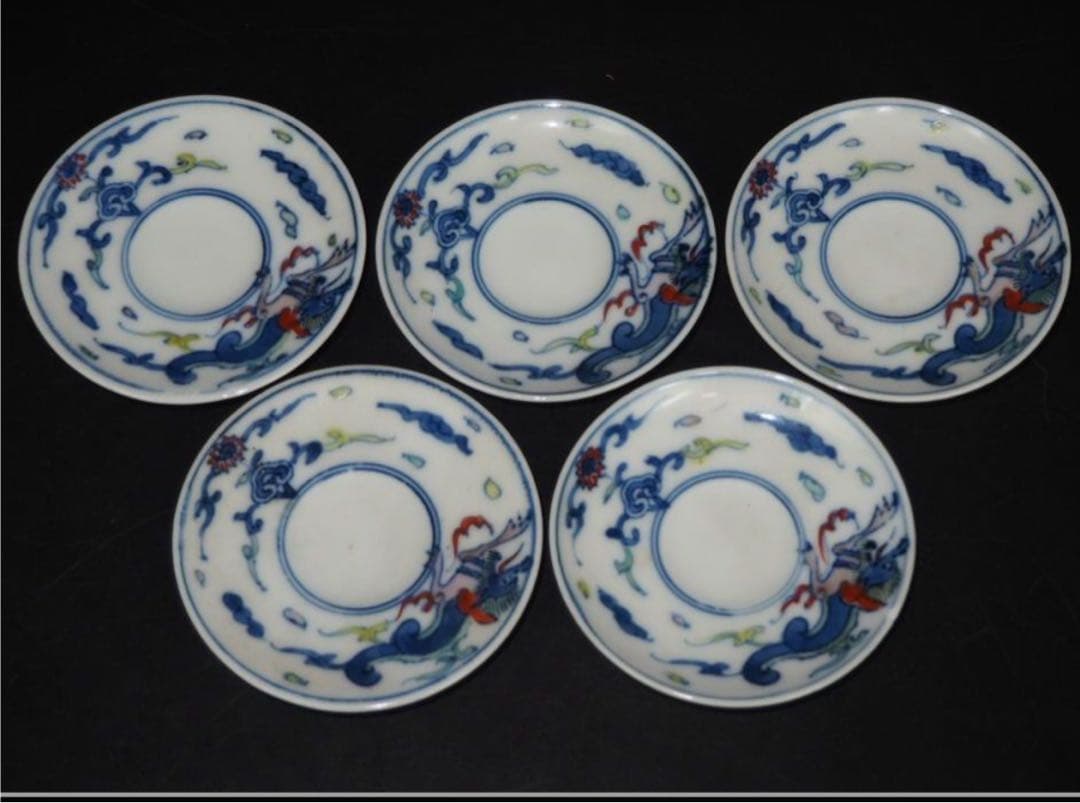 送料無料　大正～昭和初期　瑞光造　豆彩龍文煎茶碗5客