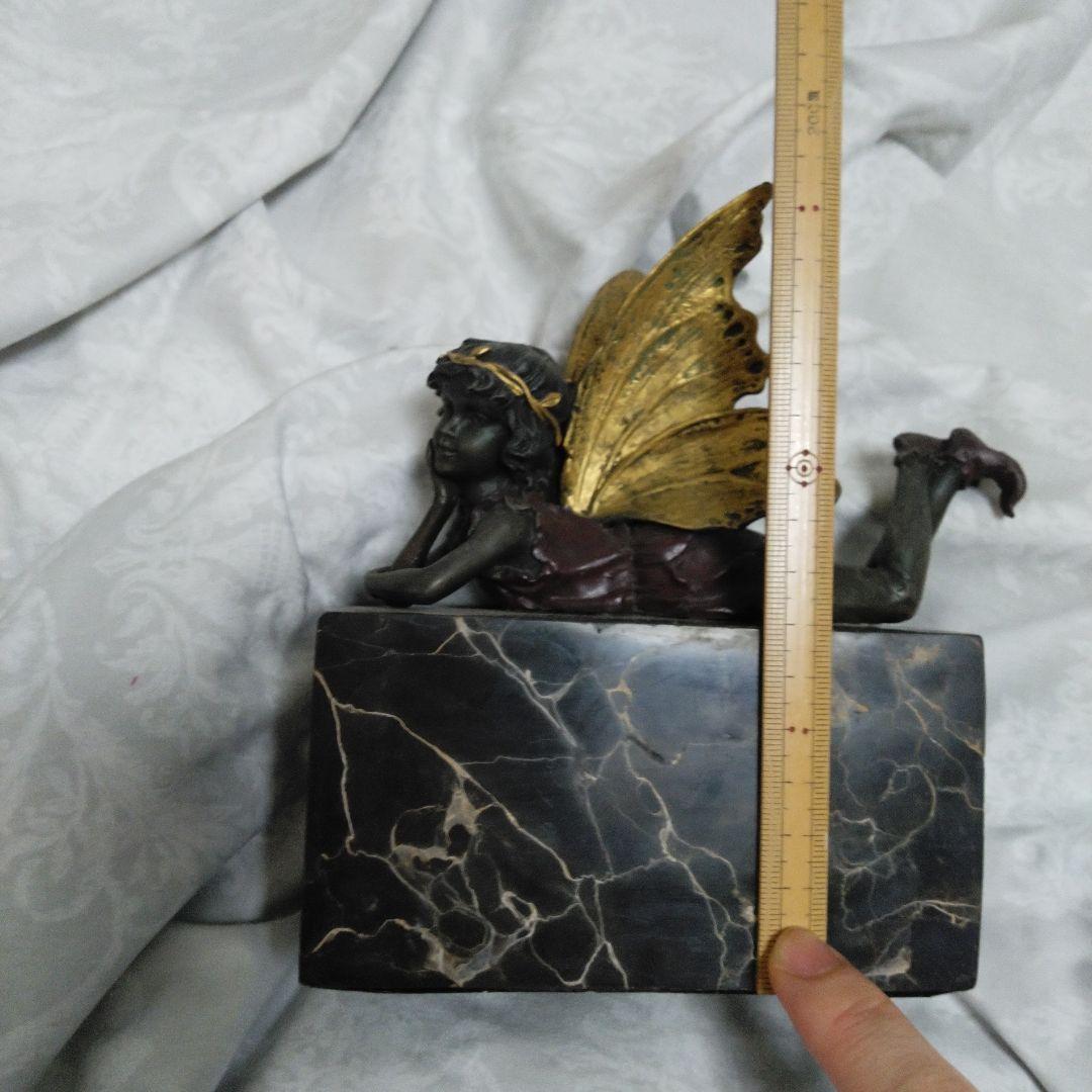 中古　ほおづえ　妖精　天使　少女像 金色の羽　大理石風の台