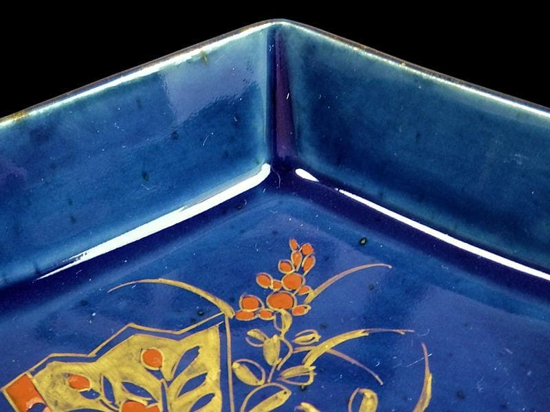 古伊万里　瑠璃　扇に桔梗の図　菱形変形皿　２客　D039AS-DAm