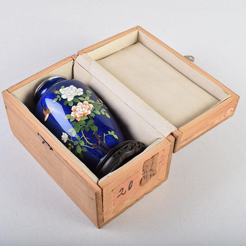 七宝焼　青透釉　花鳥文　花瓶　唐木台・時代箱付　M　R9422