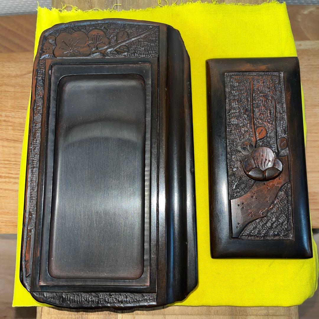 ⭕️赤間硯　共蓋付梅花彫刻硯　阿野硯製作所　龍泉作　美品　墨持ち良い