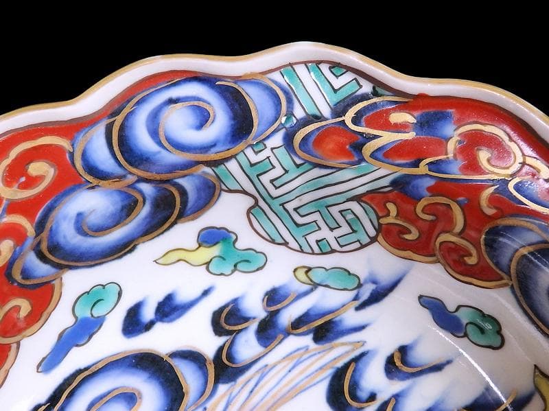 古伊万里　色絵　雲に双鶴の図　輪花膾皿　５客　B145AS-fbuz
