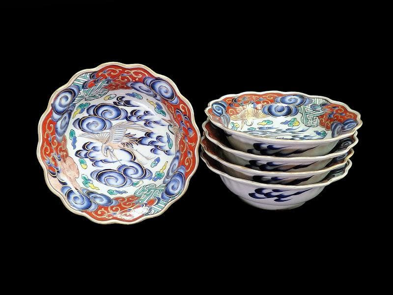 古伊万里　色絵　雲に双鶴の図　輪花膾皿　５客　B145AS-fbuz