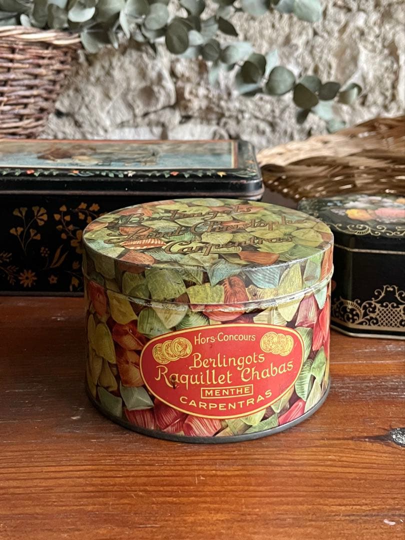 ◆フランス雑貨｜ティン缶セットブリキ缶お菓子箱ケースサビあり花柄キャンディー