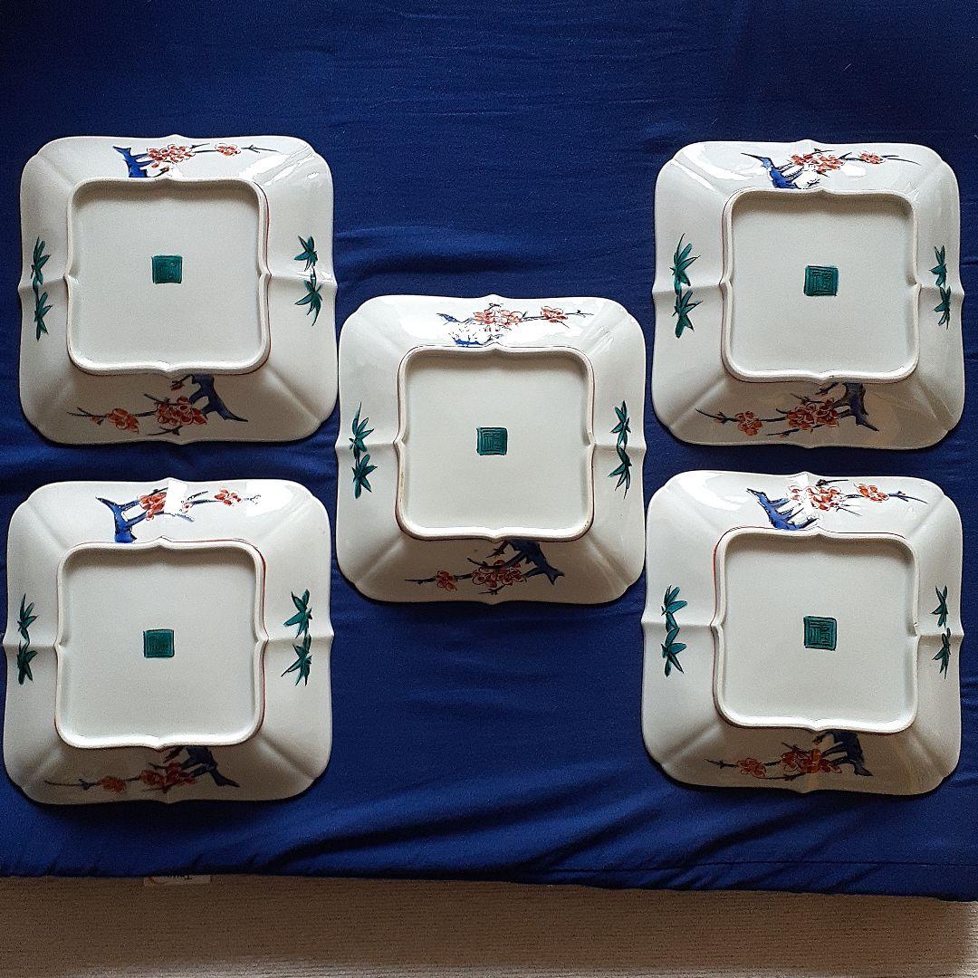 古九谷色絵牡丹蝶々鳥図角皿5客