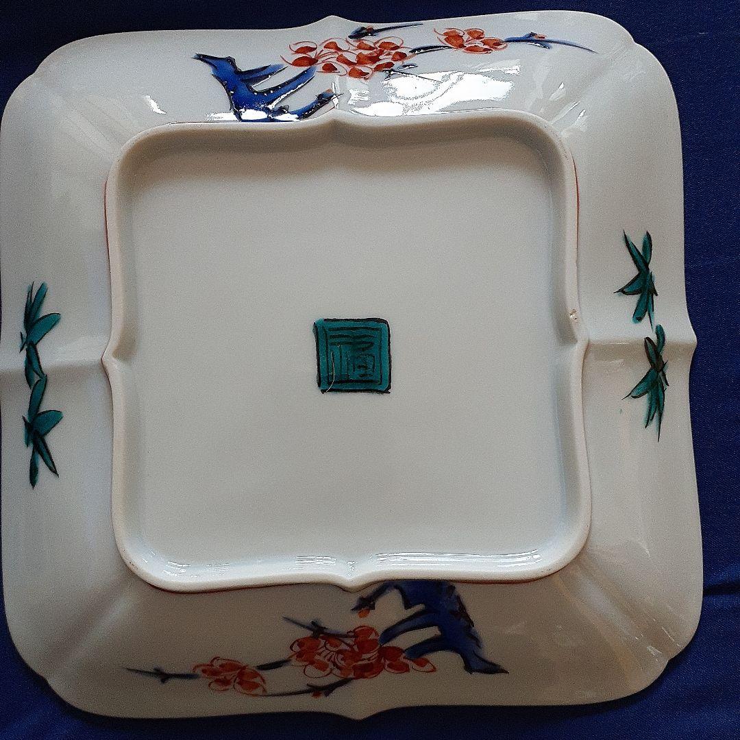 古九谷色絵牡丹蝶々鳥図角皿5客