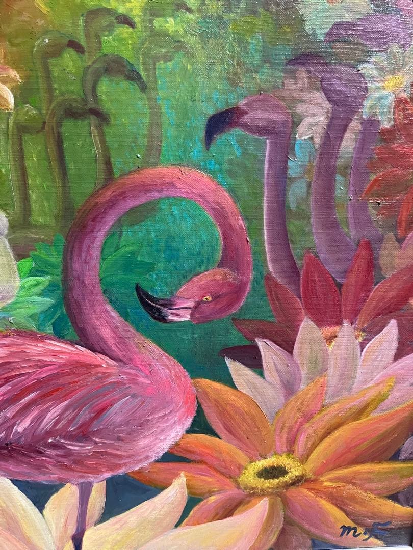 油彩画　フラミンゴ