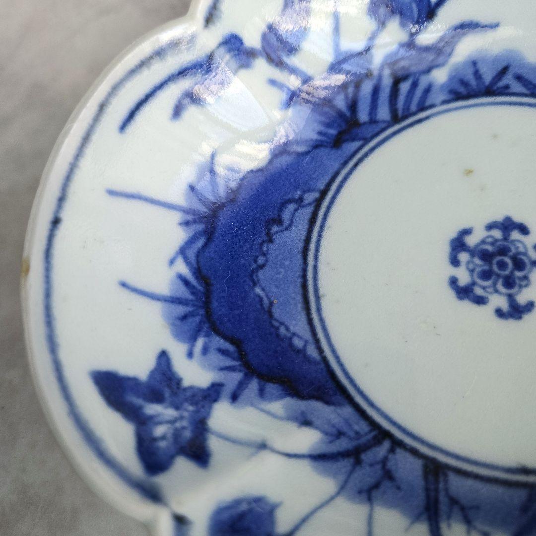 古伊万里　染付　変形皿　江戸時代　五弁花　金直し　金継ぎ　骨董　アンティーク