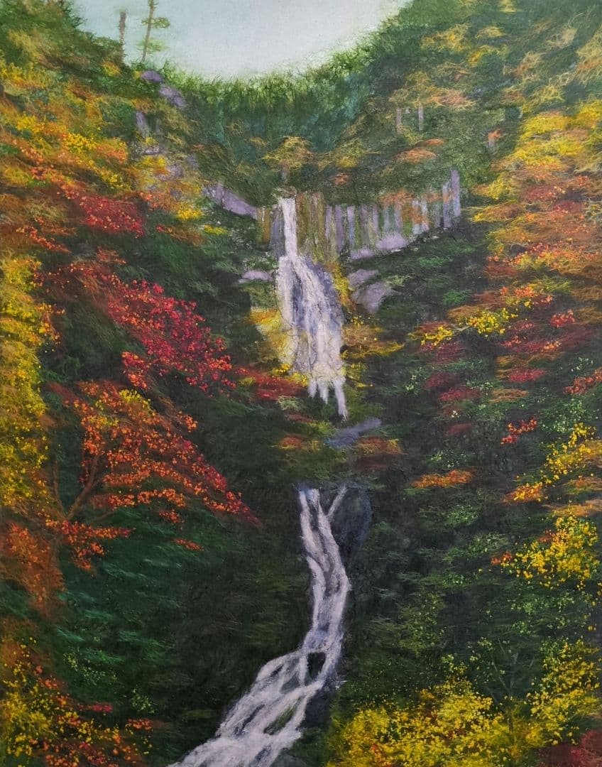 【ちぎり絵】「紅葉−滝」　ハンドメイド　(P 10サイズ）暮らしに彩りを