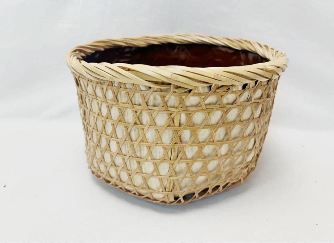 未使用 茶道具 島田竹宝斎作 又妙斎好写 唐筆篭炭斗 炭取 炭斗籠 竹細工 紙箱