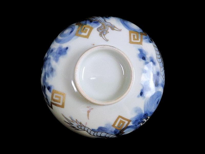 古伊万里　染錦　雲龍に雷紋の図　大振蓋茶碗　E255AS-fbjb