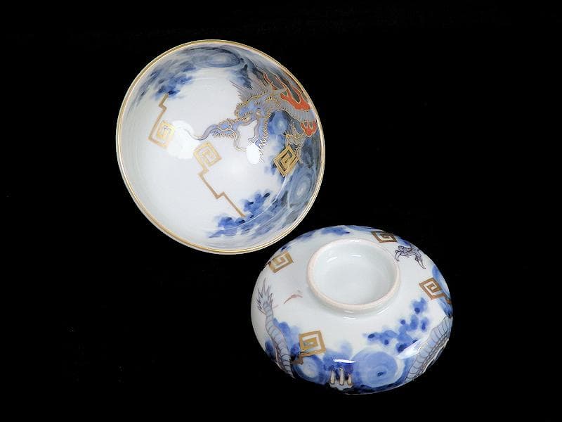 古伊万里　染錦　雲龍に雷紋の図　大振蓋茶碗　E255AS-fbjb