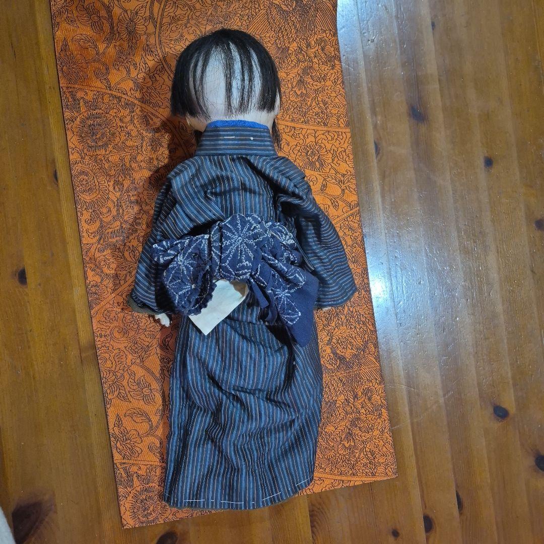 市松人形 青と黒のストライプ着物 ジャンク品
