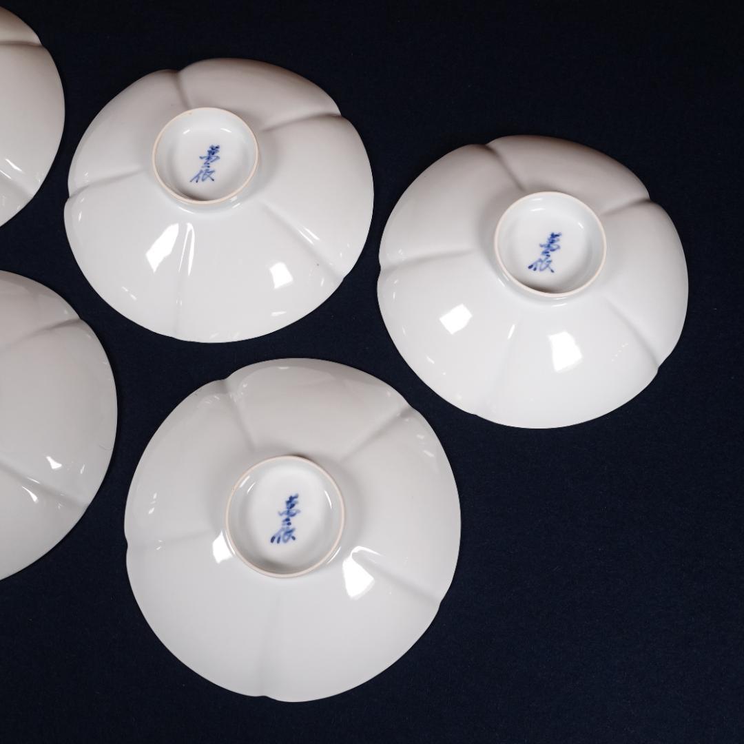 人間国宝 井上萬二 本人作 白磁花形銘々皿 5客 共箱